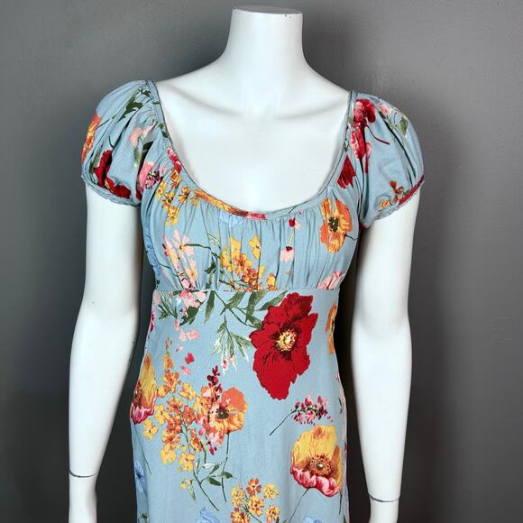 ASTR dress XS floral Milkmaid empire waist pixie blue cottagecore puff sleeve - Picture 2 of 10